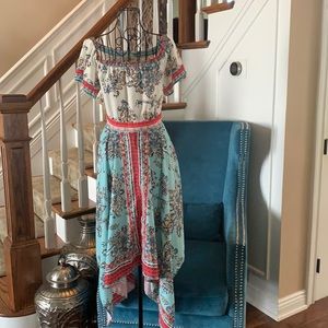 Colorful midi asymmetrical dress, off shoulders